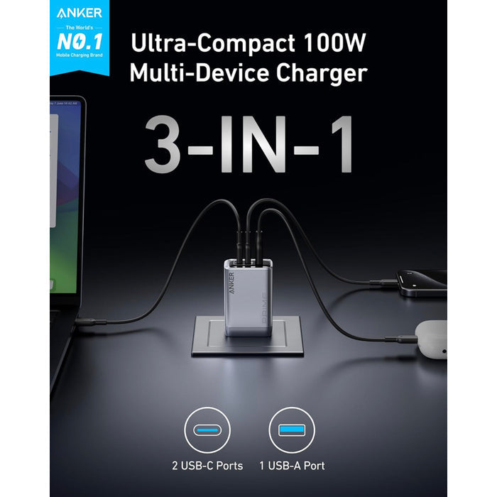 ชาร์จเร็ว 100W พร้อมกัน 3 อุปกรณ์ ด้วย USB-C x2 และ USB-A ดีไซน์เล็กพกง่าย รองรับ MacBook ชาร์จไว เช็คราคา Anker Prime เลย