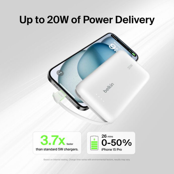 แบตเตอรี่สำรอง Belkin BOOST CHARGE ความจุ 10000mAh พร้อมสาย USB-C สีขาว