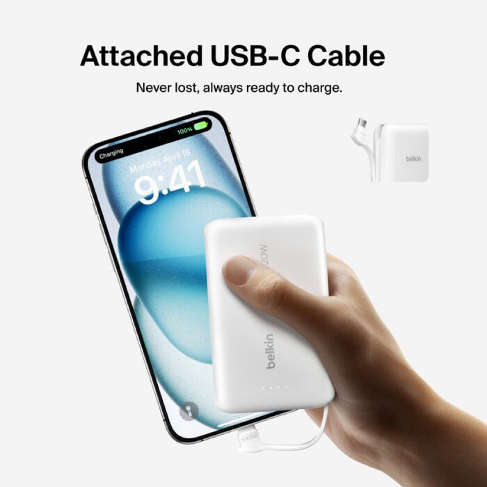 แบตเตอรี่สำรอง Belkin BOOST CHARGE ความจุ 10000mAh พร้อมสาย USB-C สีขาว
