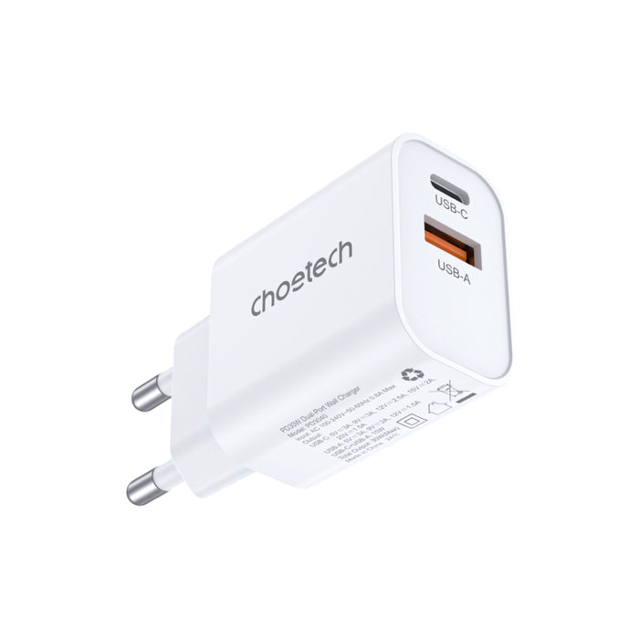 หัวชาร์จ Choetech Dual USB-A and USB-C ports PD 30W (ปลั๊ก TH) สี White