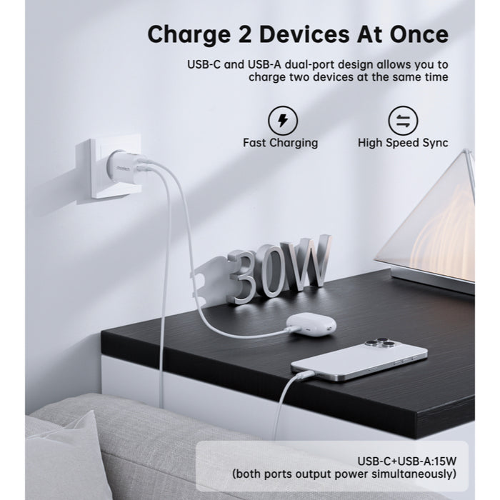 หัวชาร์จ Choetech Dual USB-A and USB-C ports PD 30W (ปลั๊ก TH) สี White