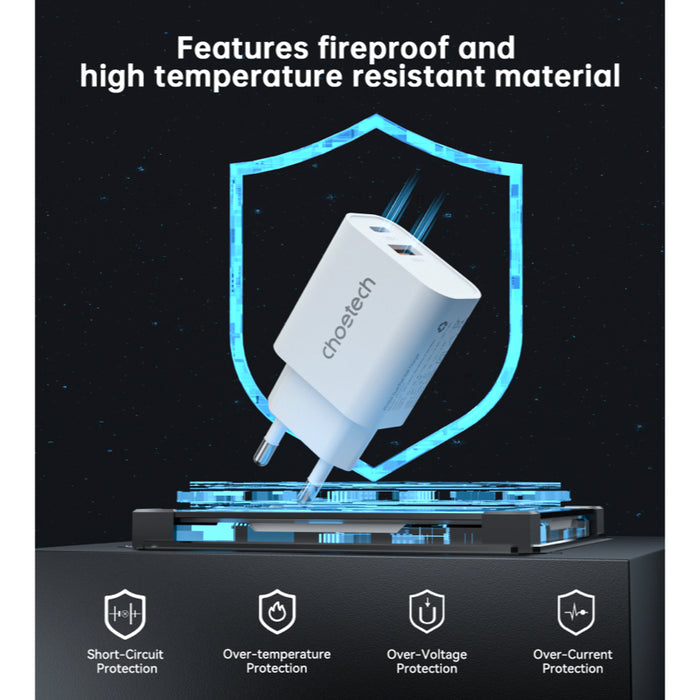 หัวชาร์จ Choetech Dual USB-A and USB-C ports PD 30W (ปลั๊ก TH) สี White
