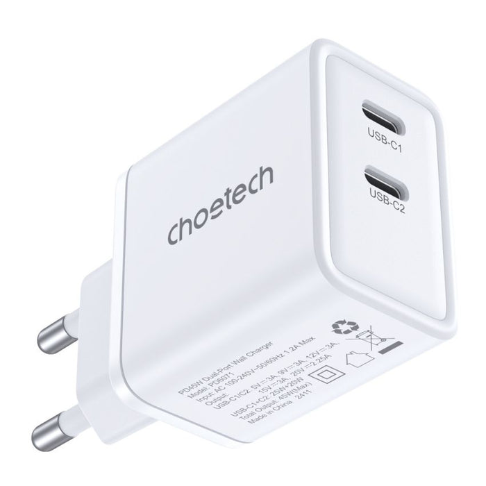หัวชาร์จ Choetech Dual USB-C Ports PD 45 วัตต์ ปลั๊ก TH สี White