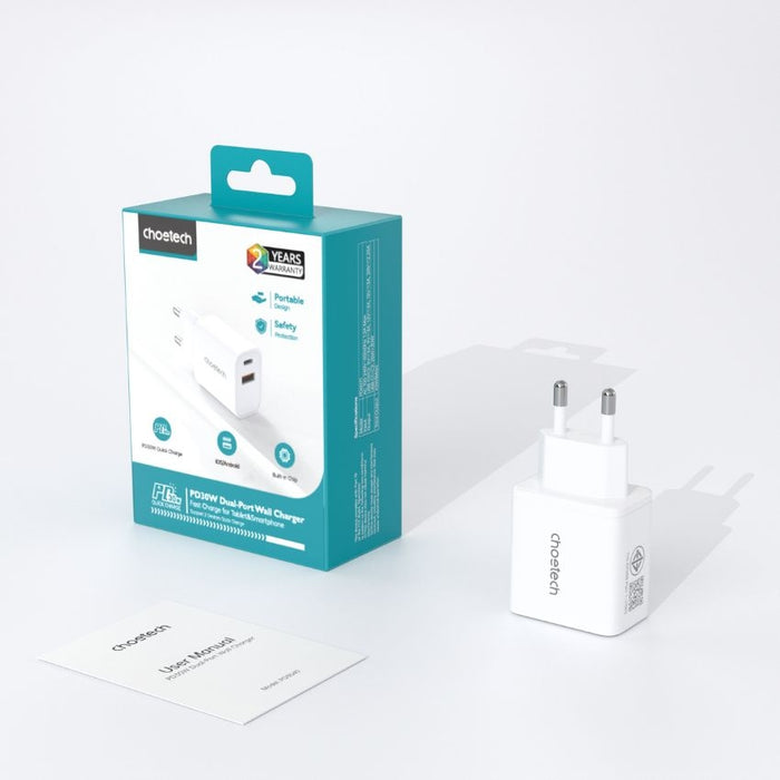 หัวชาร์จ Choetech Dual USB-C Ports PD 45 วัตต์ ปลั๊ก TH สี White