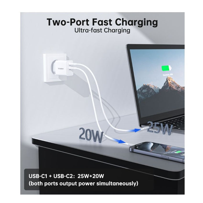 หัวชาร์จ Choetech Dual USB-C Ports PD 45 วัตต์ ปลั๊ก TH สี White