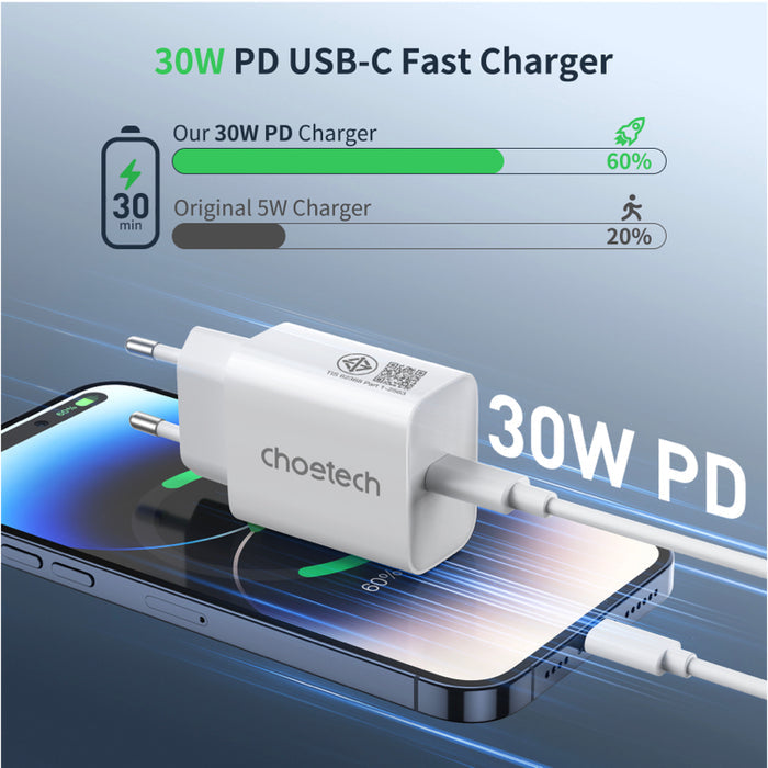 หัวชาร์จ Choetech USB-C Charge 30W (ปลั๊ก TH) สี White