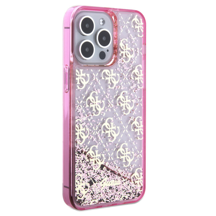 เคสแฟชั่น Guess Liquid Glitter 4G Pattern สำหรับ iPhone 15 Pro Max สี Translucent Pink