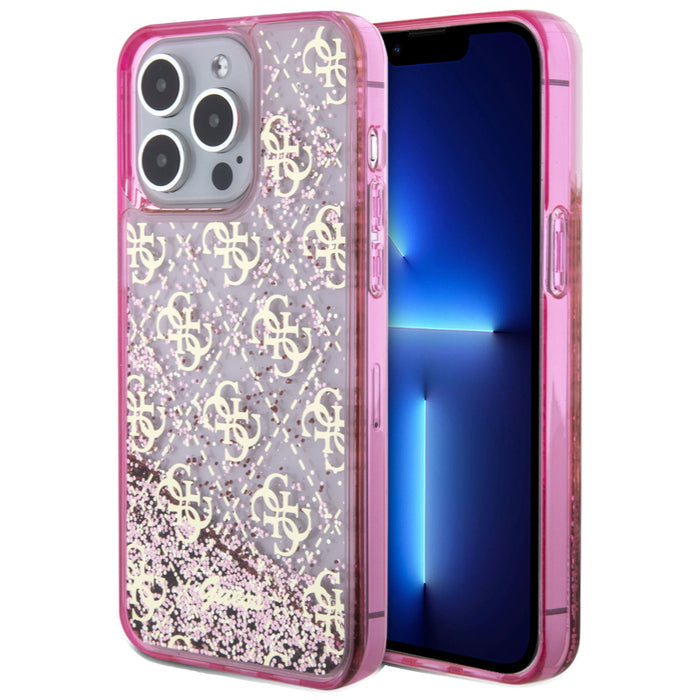 เคสแฟชั่น Guess Liquid Glitter 4G Pattern สำหรับ iPhone 15 Pro Max สี Translucent Pink