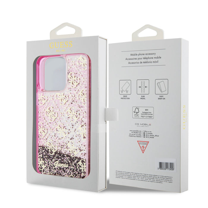 เคสแฟชั่น Guess Liquid Glitter 4G Pattern สำหรับ iPhone 15 Pro Max สี Translucent Pink