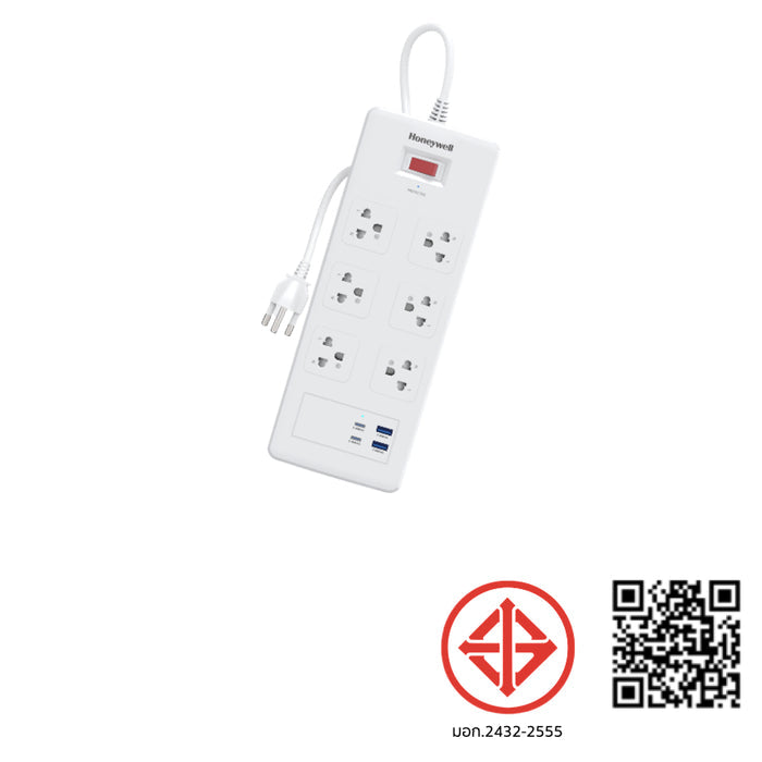 รางปลั๊กไฟ Honeywell 6 Outlet Surge Protector พร้อม USB-C x 2, USB-A x 2