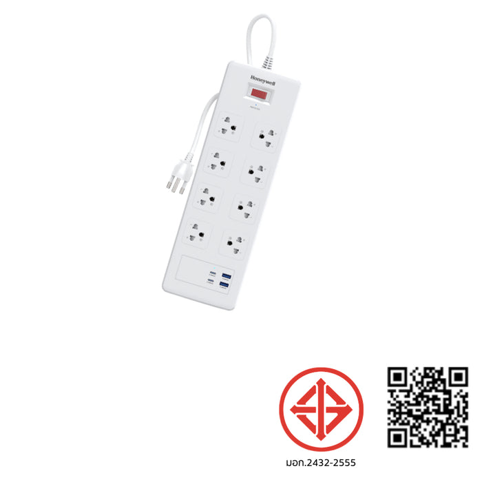 รางปลั๊กไฟ Honeywell 8 Outlet Surge Protector พร้อม USB-C x 2, USB-A x 2