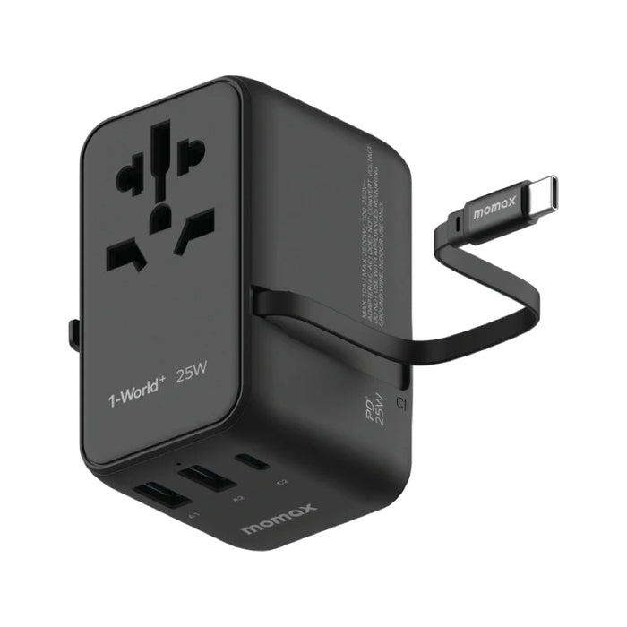 หัวชาร์จ Momax 1-World+ 3 พอร์ต มีสาย USB-C ในตัว รองรับกำลังไฟสูงสุด 25W สี Black