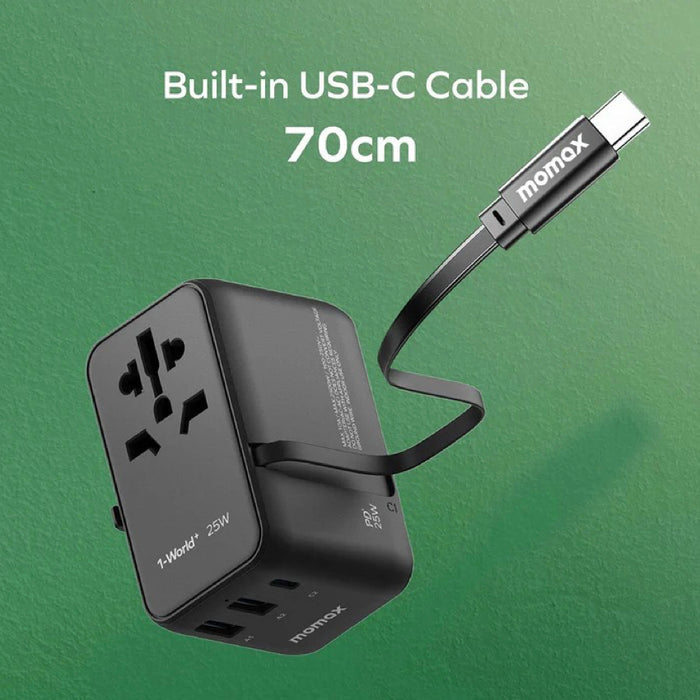 หัวชาร์จ Momax 1-World+ 3 พอร์ต มีสาย USB-C ในตัว รองรับกำลังไฟสูงสุด 25W สี Black
