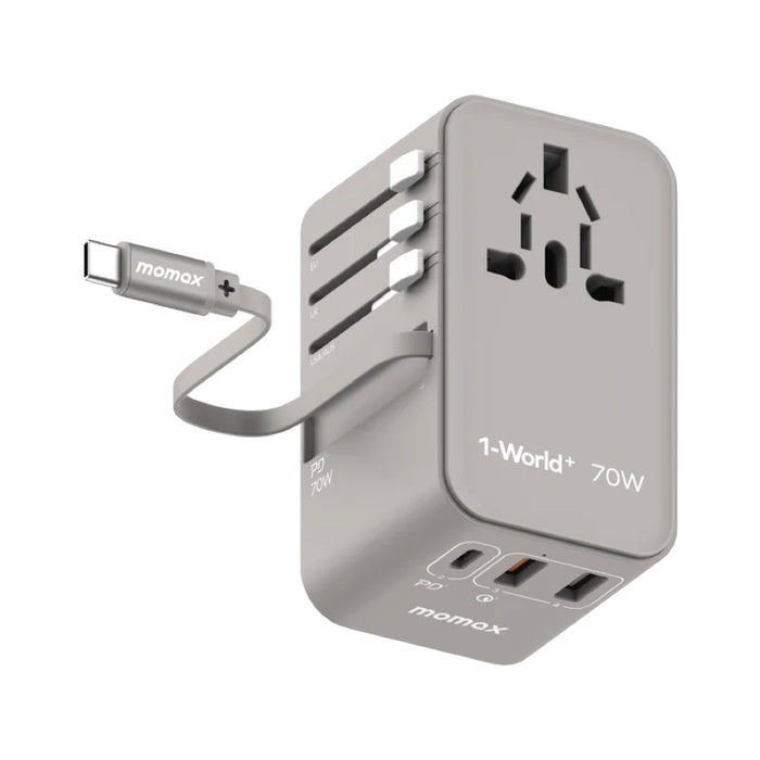 หัวชาร์จ Momax 1-World+ GaN 70W พร้อมสาย USB-C ในตัว (3 พอร์ต) สี Grey