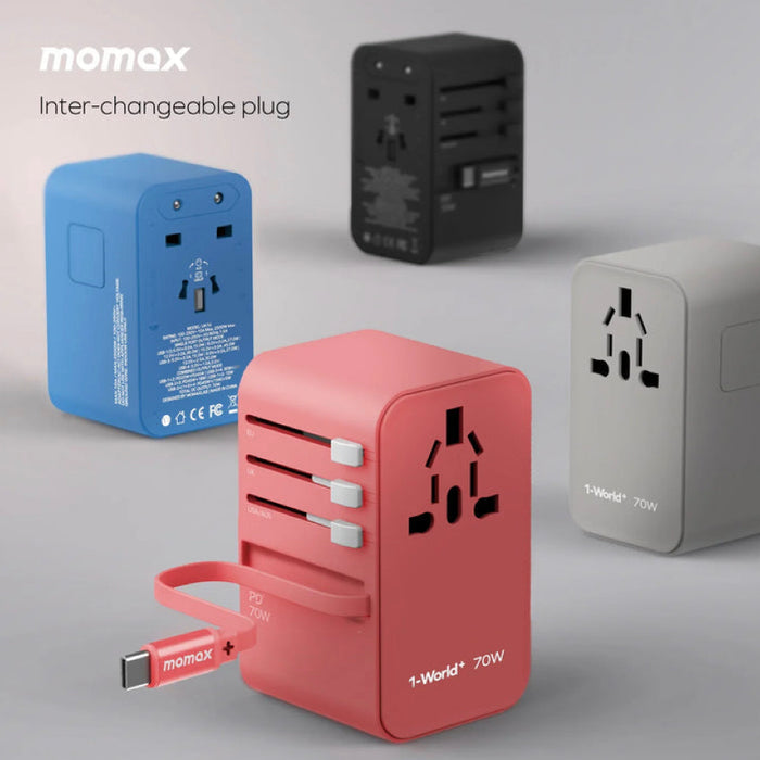หัวชาร์จ Momax 1-World+ GaN 70W พร้อมสาย USB-C ในตัว (3 พอร์ต) สี Grey