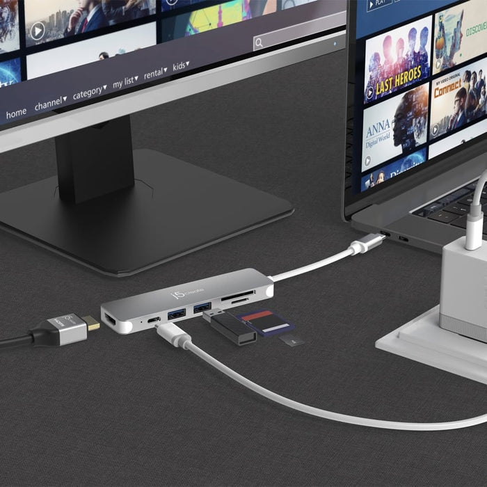 ฮับ USB-C แบบหลายพอร์ต J5 6-in-1 USB-C to 4K HDMI, PD 3.0 100W